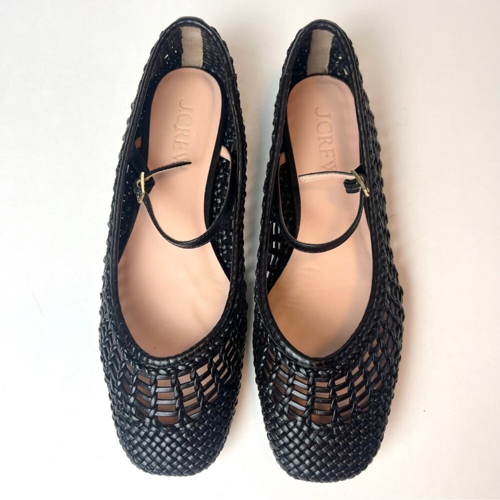 J. Crew Quinn Black Woven Leather Mary Jane Ballet Flats Size 8.5